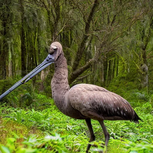 Image similar to a photograph of a moa grazing in a new zealand forest clearing.