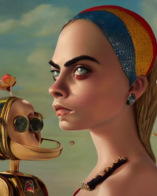 Image similar to closeup face profile portrait of cara delevingne as a tin toy swim champ, bikini, depth of field, zeiss lens, detailed and intricate environment, fashion photoshoot by nicoletta ceccoli, mark ryden, lostfish, breathtaking, 8 k resolution, artistic, hyperrealistic, octane render