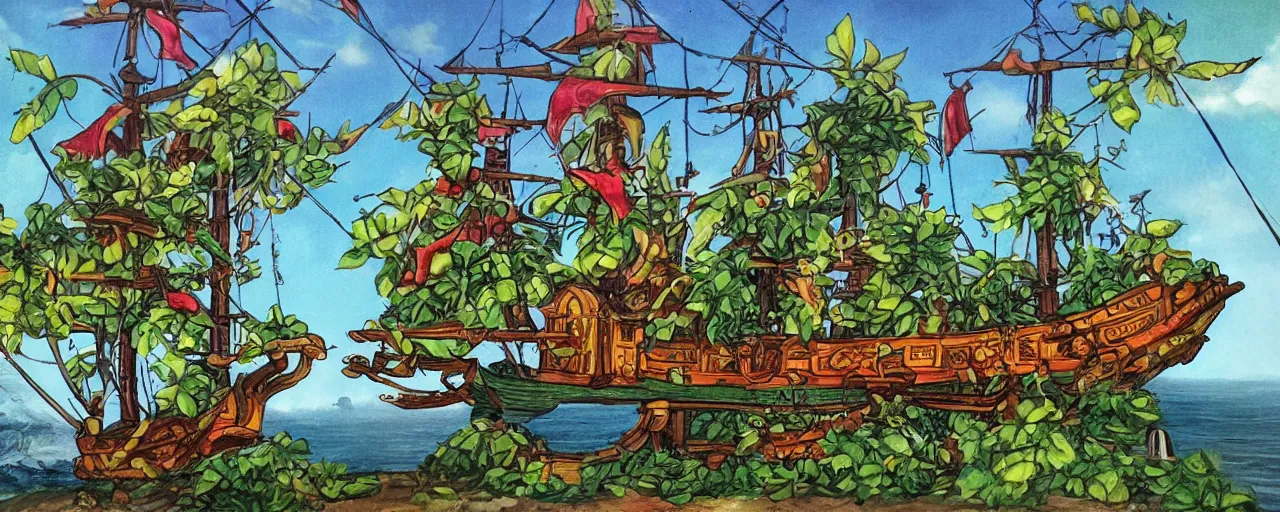 Prompt: A quaint pirate ship that has a green fruit tree in the middle of it, manga, bold complementary colours, 2D matte,