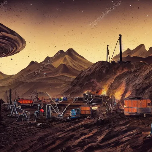 Prompt: Mining camp full of alien slaves doing hard labour on a rocky dark planet, photorealistic