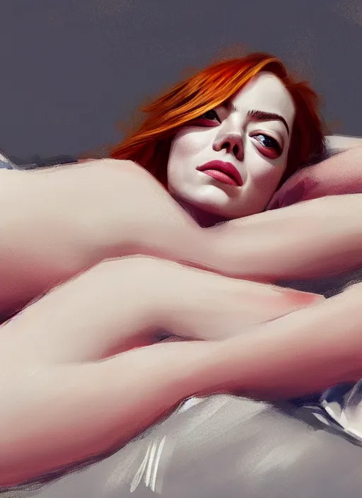 Image similar to emma stone lying in bed with clothes on, backround dark, highly detailed, digital illustration, trending in artstation, modern painting, smooth, sharp focus, intricate, einar jonsson, ilya repin