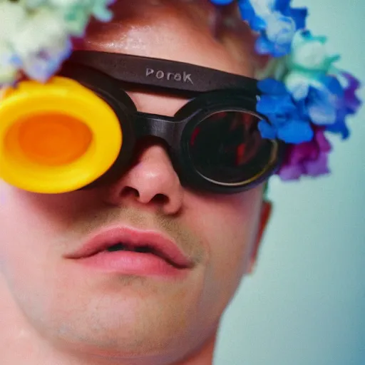 Prompt: close up kodak portra 4 0 0 photograph of a skinny guy with blonde hair laying in a tub of milk, aerial view, wearing goggles, flower crown, moody lighting, telephoto, 9 0 s vibe, blurry background, vaporwave colors, faded!,