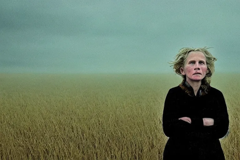 Image similar to a cinematic!!! headshot!!! portrait of a frozen middle aged woman stood in a field, ( ( ( field on fire ) ) ), ultra realistic, depth, beautiful lighting, by annie leibovitz, by!!!!! mattias adolfsson!!!!!