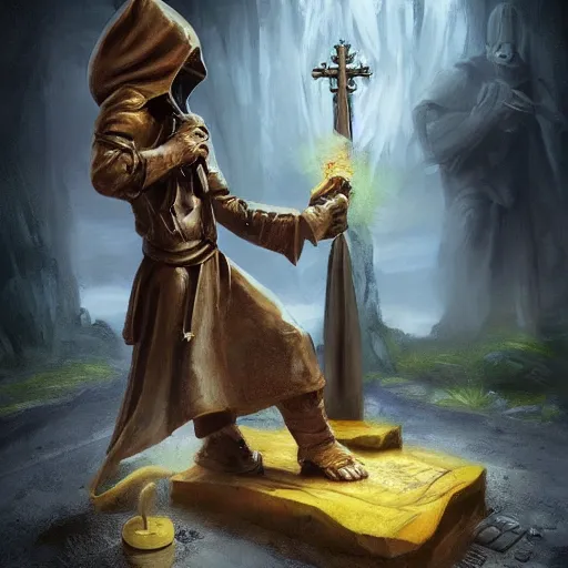 Image similar to a hooded cultist is stabbing a banana placed on an altar, in front of a stone statue of a forgotten god, by patrick mcenvoy and michael komarck and fantasy flight, incredible quality, trending on artstation