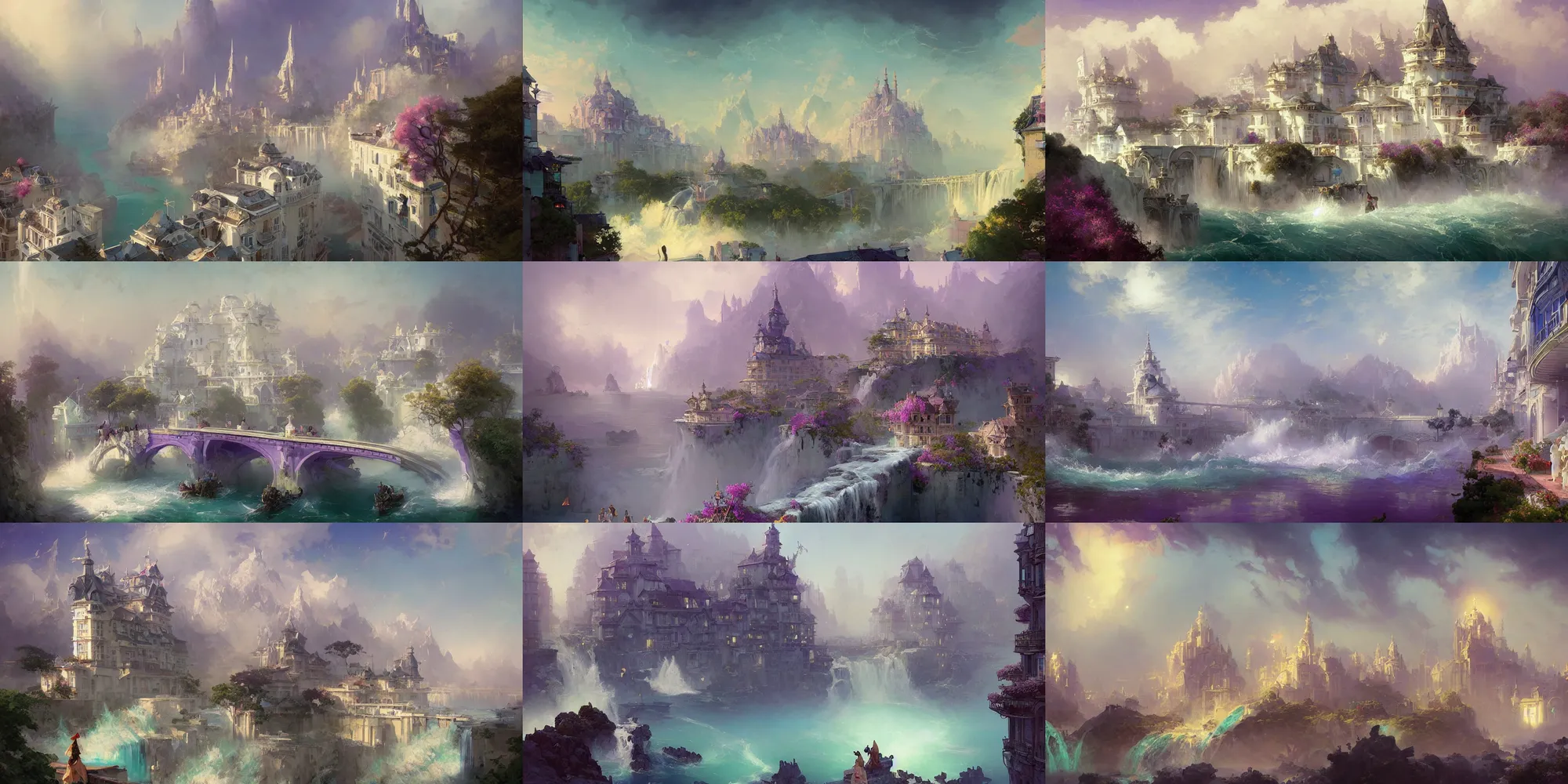 Prompt: fantasy coastal city with river and waterfalls, white buildings with digital lavender color roofs, bridges, lilac bushes, art nouveau architecture, fantasy, art by joseph leyendecker, peter mohrbacher, ivan aivazovsky, ruan jia, reza afshar, marc simonetti