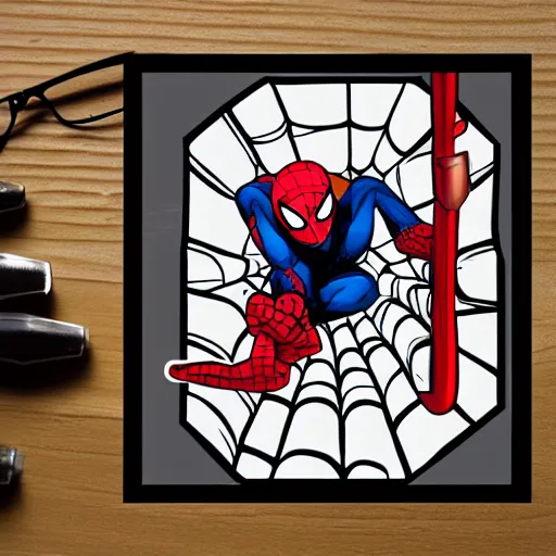 Prompt: sticker of a cute spiderman, white border, die cut, head, cute, trending on artstation