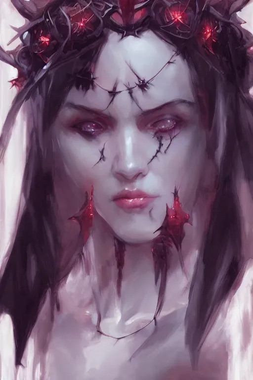 Prompt: Portrait of beautiful pale succubus anime maiden with crown of thorns, and devil's horns, digital art by Ruan Jia and Mandy Jurgens and Artgerm, highly detailed, trending on artstation, award winning,