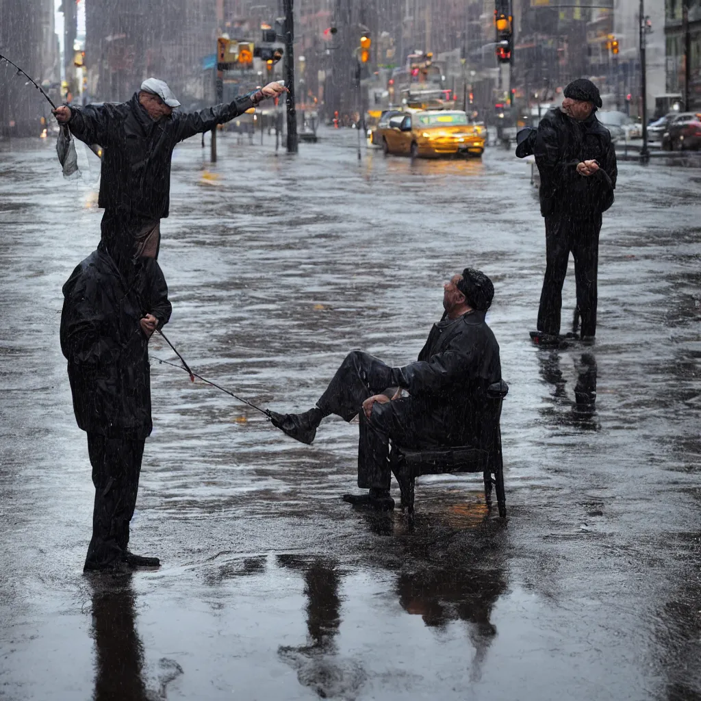 Image similar to closeup portrait of a man fishing in a puddle rainy new york street, by Steve McCurry and David Lazar, natural light, detailed face, CANON Eos C300, ƒ1.8, 35mm, 8K, medium-format print