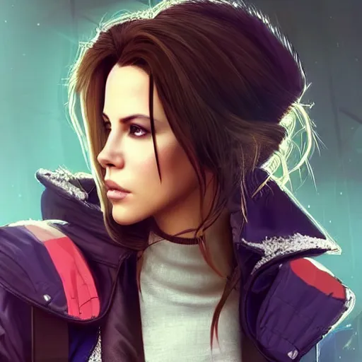 Prompt: a beautiful young kate beckinsale cyberpunk model, stylized concept art, wearing elegant designer jacket, bomber jacket with patterns, mesoamerican native street fashion, princess mononoke, painted by ilya kuvshinov aesthetic, gorgeous, stunning, alluring, attractive, artstation, pinterest, digital art.