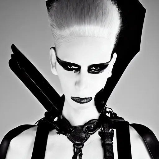 Image similar to fashion black and white photography of an extraterrestrial model, holding a sword, wearing demobaza fashion, inside berghain, berlin fashion, harness, futuristic fashion, dark minimal outfit, photo 3 5 mm leica, hyperdetail, berghain, 8 k, very detailed, photo by nick knight