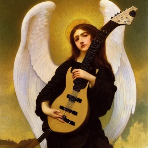 Prompt: an oil painting of an epic angel playing an electric guitar, by Bouguereau, highly detailed and intricate,