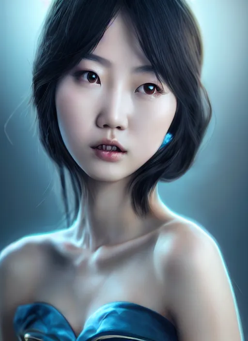 Image similar to beautiful fashion chinese girl in movie scene, strapless dress, character portrait in the style of thomas river and artgerm, wlop, cinematic lighting, hyperdetailed, 8 k realistic, symmetrical, global illumination, radiant light, halo, love and mercy, frostbite 3 engine, cryengine, dof, trending on artstation, digital art, chanel