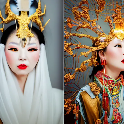 Prompt: photo shoot pose photo of beautiful Chinese ancient princess standing in the corridor in the space ship, symmetrical face, big eyes and lips, looking down, subtle makeup, clean face and body skin,ecstatic expression, ornamental jewelry and ancient translucent clothes, futuristic space ship interrior, wires with lights,depth of field, lens flares, dust in the air, moody lighting, moody photography, old photo, black and white, sepia, cinematic lighting, cinematic angle, editorial photography