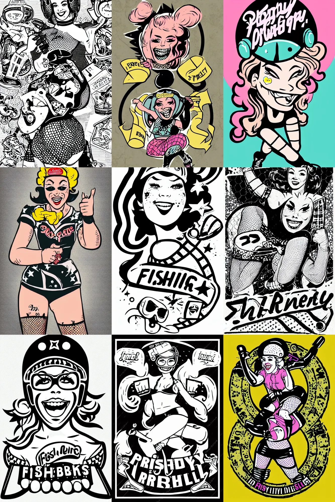 Prompt: illustrated logo, pretty roller derby girl, wearing fishnets, smile 1950s, winking, wearing roller derby helmet, mcbess