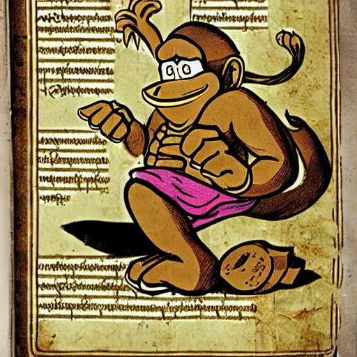 Prompt: Donkey Kong slips on a banana with a bunch on his arms, medieval text book art