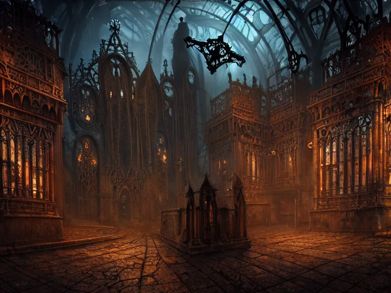 Image similar to steam necropolis, memento mori, gothic, neo - gothic, art nouveau, hyperdetailed copper patina medieval icon, stefan morrell, philippe druillet, ralph mcquarrie, concept art, steampunk, unreal engine, detailed intricate environment, octane render, moody atmospherics, volumetric lighting, ultrasharp, ominous, otherworldly