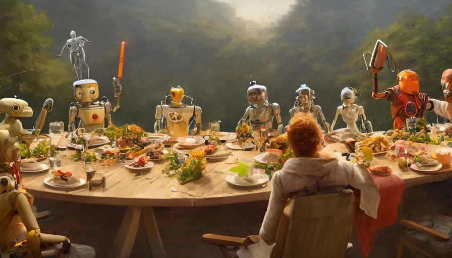 Image similar to a table dinner of robots where robots are dressed like the characters from the midsommar movie, realistic detailed digital art by maxwell boas jessica rossier christian dimitrov anton fadeev trending on artstation cgsociety rendered in unreal engine 4 k hq