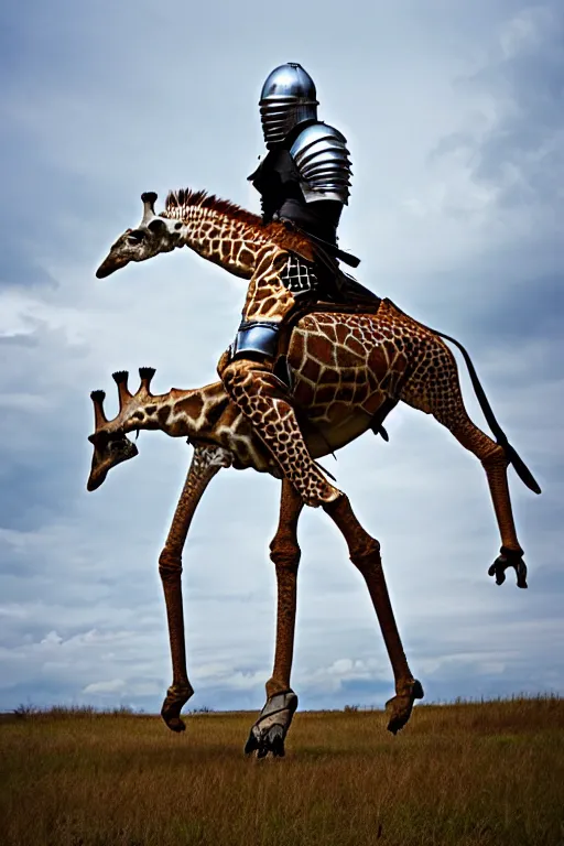 Image similar to a medieval knight in armor riding a giraffe