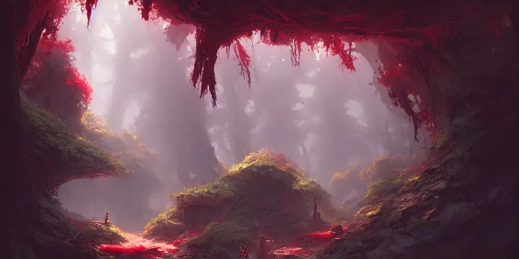 Image similar to entrance to small grotto deep inside the forest, red crystals growing everywhere. In style of Greg Rutkowski, Jesper Ejsing, Makoto Shinkai, trending on ArtStation, fantasy, great composition, concept art, highly detailed, scenery, 8K, Behance.