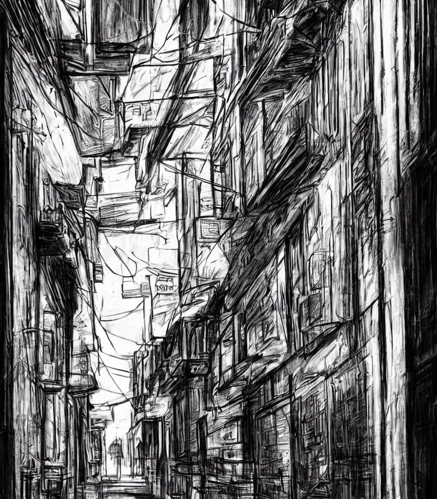 Image similar to charcoal sketch alleyway red neon signs