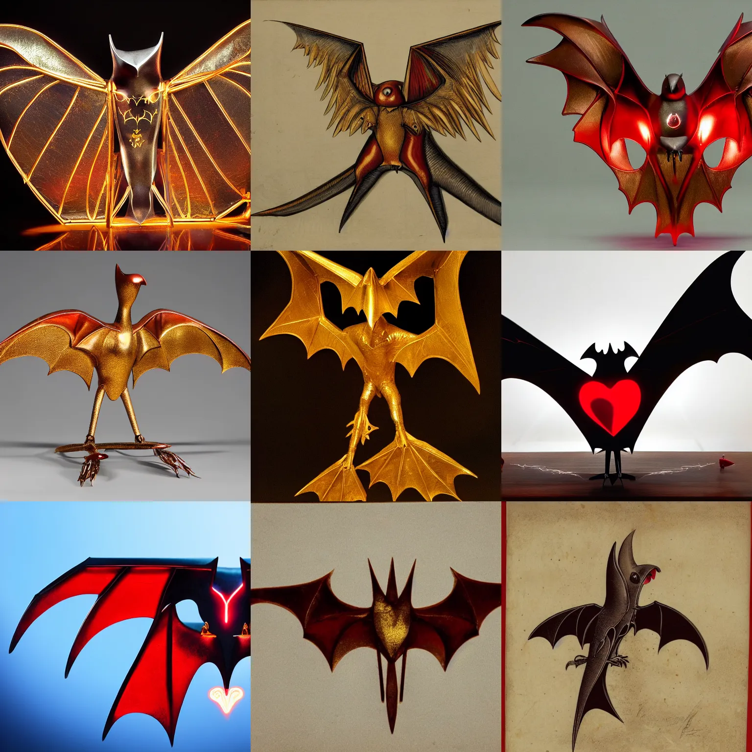 Prompt: a metal bird shaped like a bat with a glowing red heart for a head, a leathery golden body that folds into itself at the joints and wings spread wide as if it is taking off, sitting atop a platform surrounded by an ornate golden frame