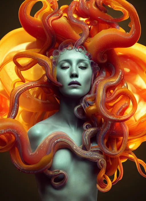 Image similar to subsurface scattering, medusa made of soft wax, cgsociety, translucent, organic squid and ceramic art nouveau swirls, golden orbs, colored smoke, in the style of alberto seveso and ruan jia and beeple and giger, mystical colors, back light, rim light, dramatic lighting, 8 k, stunning scene, raytracing, octane render