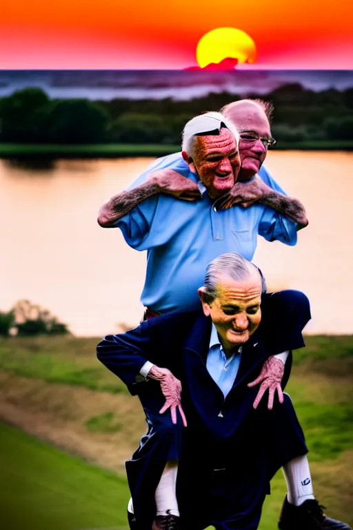 Image similar to elderly man carrying ted cruz piggyback, 8 k, award winning photograph, portrait, detailed faces, sunset in background, highly - detailed