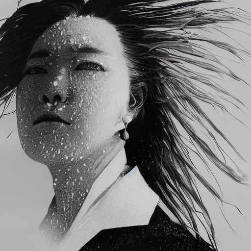 Image similar to yoshitaka amano realistic photo of an anime girl with black eyes, wavy white hair and cracks on her face wearing dress suit with tie fluttering in the wind, abstract black and white patterns on the background, cross earring, noisy film grain effect, highly detailed, closeup portrait shot, weird portrait angle