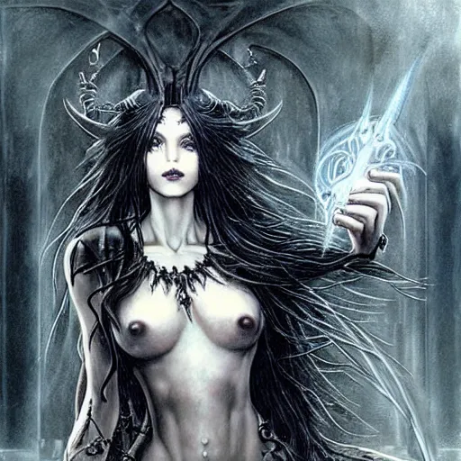 Image similar to dark beautiful sorceress casting an illusion spell by luis royo, full body shot, perfect symmetrical body, perfect symmetrical face, coherent symmetrical eyes,