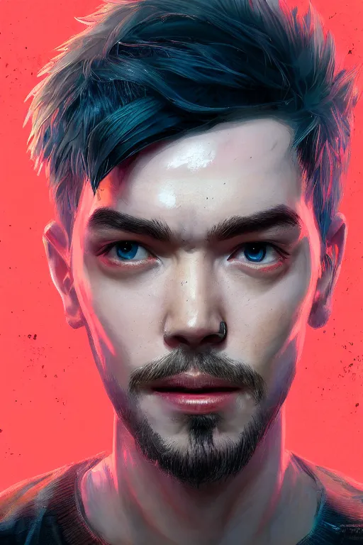 Prompt: a portrait of the YouTuber jacksepticeye by Greg Rutkowski, Sung Choi, Mitchell Mohrhauser, Maciej Kuciara, Johnson Ting, Maxim Verehin, Peter Konig, final fantasy , 8k photorealistic, cinematic lighting, HD, high details, atmospheric , trending on artstation