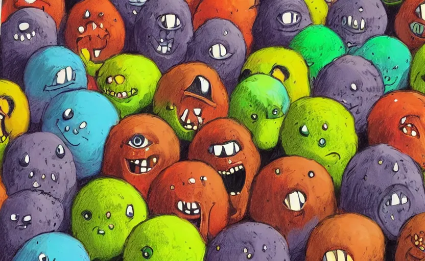 Image similar to an army of differnt tennis ball monsters, colorful, digital art, fantasy, magic, chalk, trending on artstation, ultra detailed, professional illustration by basil gogos