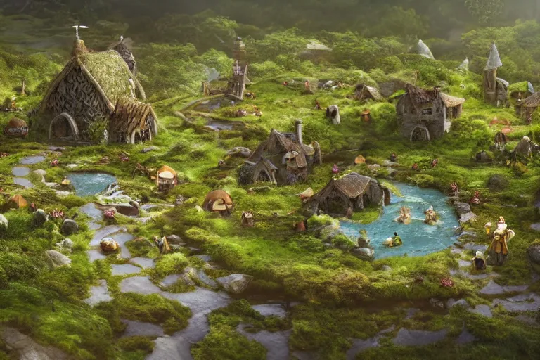 Image similar to A small elven village arranged in a circular pattern in an open field, a winding white pathwalk and a small brook running through, clear blue skies in the background, by Sylvain Sarrailh and Samantha Kung, D&D, high fantasy, 8k photorealistic, cinematic lighting, HD, high details, concept art, trending on artstation