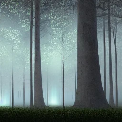 Prompt: digital concept art of a vivid giant structure with lights in the fog, surrounded by trees in a forest.