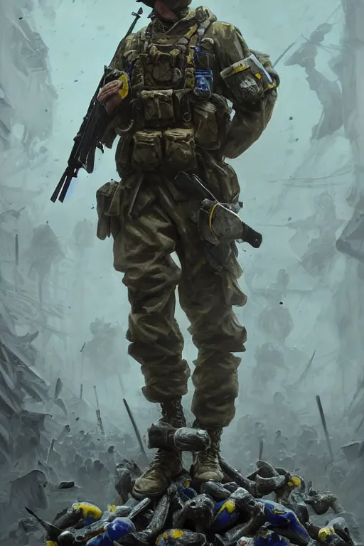 Image similar to a distant shot of a Ukrainian Call of Duty soldier with blue and yellow uniform standing alone on a pile of skulls as a winner, masculine figure, D&D, fantasy, intricate, elegant, highly detailed, extremely detailed, digital painting, artstation, concept art, matte, sharp focus, symmetrical, illustration, art by Artgerm and Greg Rutkowski and Alphonse Mucha