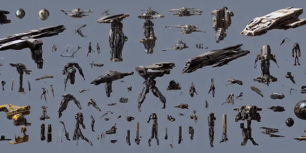 Image similar to collection of futuristic sci - fi props and gadget, moebius, items, hard surface, kitbash, parts, shape and form, in watercolor gouache detailed paintings, star citizen, modular, pieces, golden ratio, weapon, guns, destiny 2, big medium small, insanely details, wes anderson, bungie, star wars, by makoto shinkai, ghibli