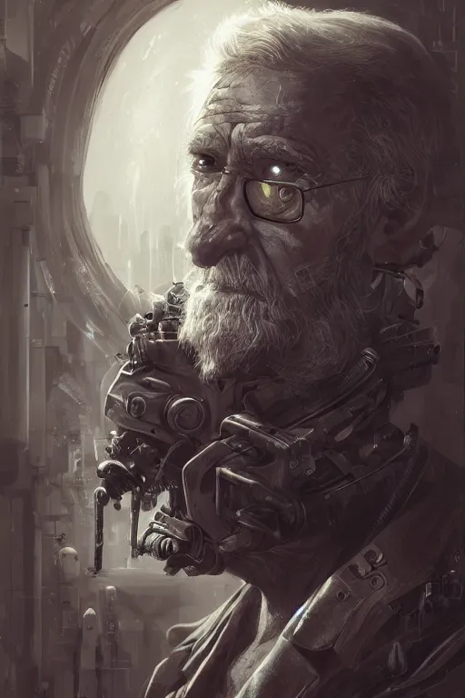 Image similar to ultrarealistic illustration old man cyborg, cyberpunk, sci - fi fantasy, intricate, elegant, highly detailed, digital painting, artstation, concept art