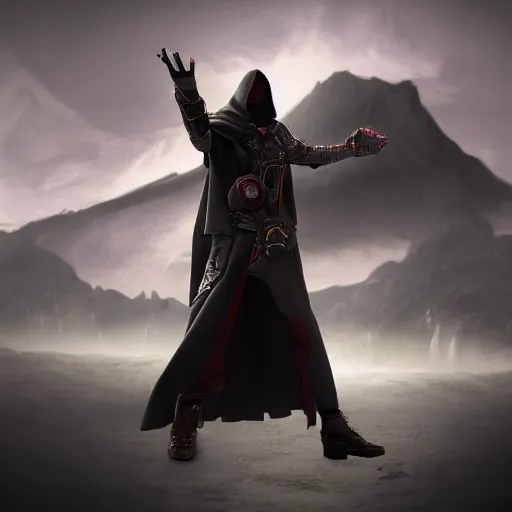 Prompt: a dark cloak with a single arm extending out of hit holding a pistol, portrait, 4 k, photorealistic
