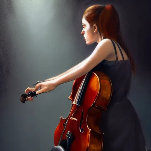 Prompt: woman violin, oil painting, artstation, dramatic lighting, symmetry, beautiful