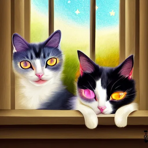 Image similar to two cute multi - colored calico cats with beautiful eyes sleeping inside a cozy home in the evening, stars shining in the night sky through the window,, artstation, cgsociety, storybook art