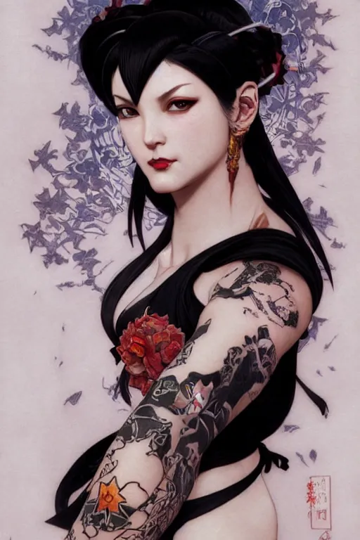 Image similar to portrait of goth Chun Li with yakuza tattoos, Street fighter, highly detailed, digital art from artstation by Ruan Jia and Mandy Jurgens, Alphonse Mucha and Artgerm and william-adolphe bouguereau