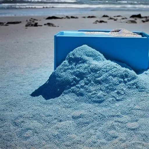 Image similar to refrigerator made of blue sand on the beach with a nebula inside