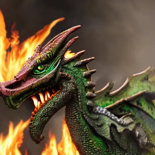 Image similar to close up of a flamming dragon, cinematographic shot,