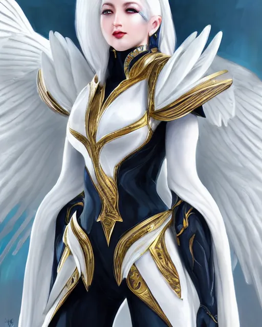 Image similar to perfect white haired egyptian goddess wearing white dove wings, warframe armor, regal, attractive, ornate, beautiful, dreamy, half asian, pretty face, blue eyes, detailed, scifi platform, 4 k, ultra realistic, epic lighting, android body, illuminated, cinematic, masterpiece, art by akihito tsukushi, voidstar, artgerm