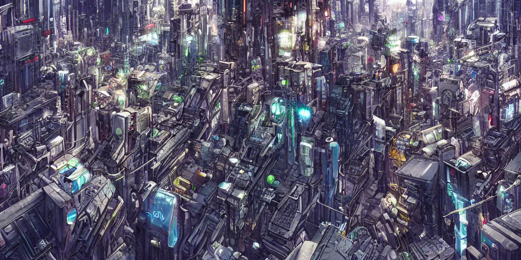 Image similar to Wide angle shot of a densely packed futuristic city, landscape, sci-fi, cyberpunk, Digital art, detailed, anime, artist Katsuhiro Otomo