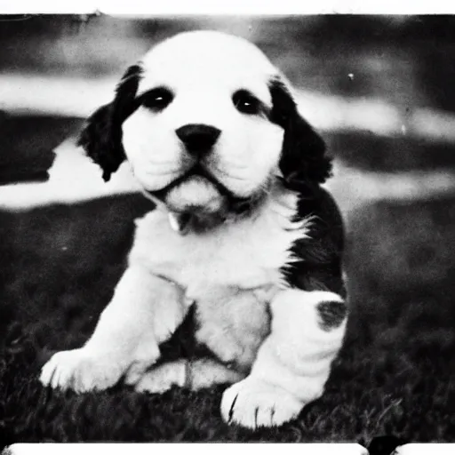 Image similar to photograph of a puppy in a trench ww2 grainy 35mm film