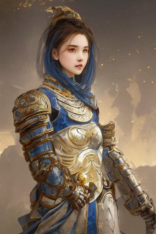 Prompt: portrait knights of Zodiac girl, Chinese Blue and white porcelain color reflected armor, in ruined Agora of Athens, ssci-fi, fantasy, intricate, very very beautiful, elegant, golden light, highly detailed, digital painting, artstation, concept art, smooth, sharp focus, illustration, art by tian zi and WLOP and alphonse mucha