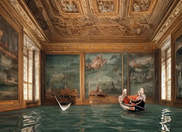 Image similar to a portrait of a humanoid robot sitting in a small boat fishing in a renaissance castle room flooded with water,