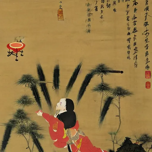 Image similar to the Chinese ancient painting of a lady flying a drone in Tang Dynasty , by Han Xizai