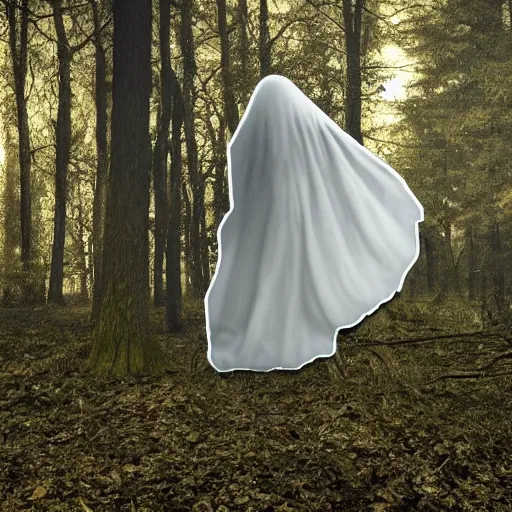 Image similar to realistic optical illusion of a ghost that looks like a skelet into the woods
