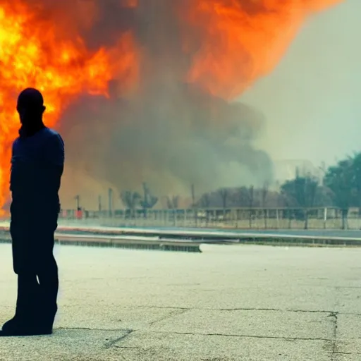 Prompt: Close up of a man standing alone crying the city is burning and fire is everywhere while world is getting destroyed